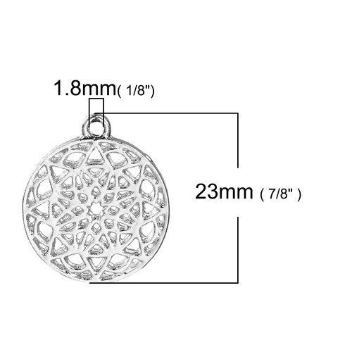 Picture of Zinc Based Alloy Buddhism Mandala Charms Round Silver Tone Hollow 23mm( 7/8") x 20mm( 6/8"), 10 PCs