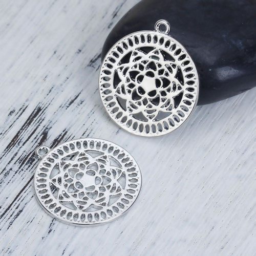 Picture of Zinc Based Alloy Buddhism Mandala Charms Round Silver Tone Hollow 28mm(1 1/8") x 25mm(1"), 10 PCs