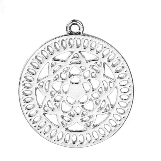 Picture of Zinc Based Alloy Buddhism Mandala Charms Round Silver Tone Hollow 28mm(1 1/8") x 25mm(1"), 10 PCs