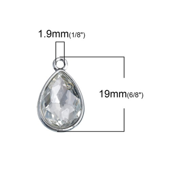 Picture of Apr Birthstone Charms Drop Silver Tone Clear Glass Rhinestone Faceted 19mm( 6/8") x 12mm( 4/8"), 10 PCs