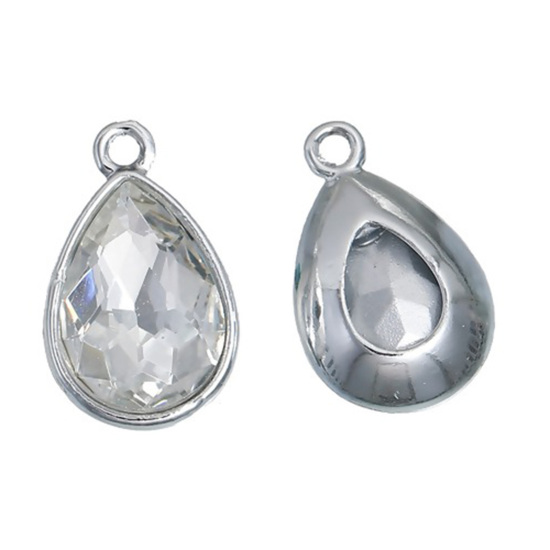 Picture of Apr Birthstone Charms Drop Silver Tone Clear Glass Rhinestone Faceted 19mm( 6/8") x 12mm( 4/8"), 10 PCs