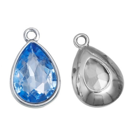 Picture of Dec Birthstone Charms Drop Silver Tone Skyblue Glass Rhinestone Faceted 19mm( 6/8") x 12mm( 4/8"), 10 PCs
