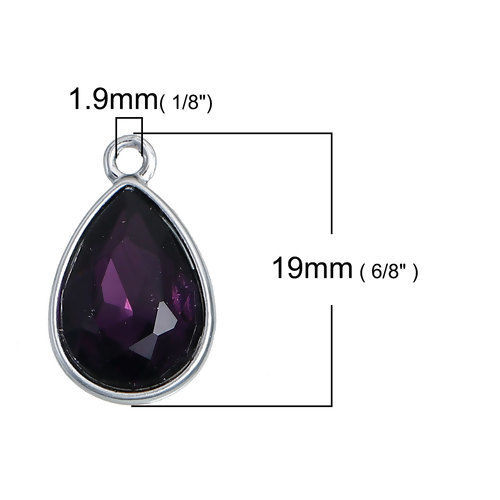 Picture of Feb Birthstone Charms Drop Silver Tone Purple Glass Rhinestone Faceted 19mm( 6/8") x 12mm( 4/8"), 10 PCs