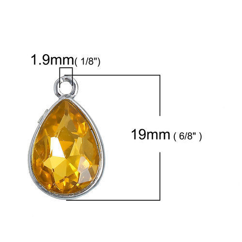 Picture of Nov Birthstone Charms Drop Silver Tone Orange Glass Rhinestone Faceted 19mm( 6/8") x 12mm( 4/8"), 10 PCs