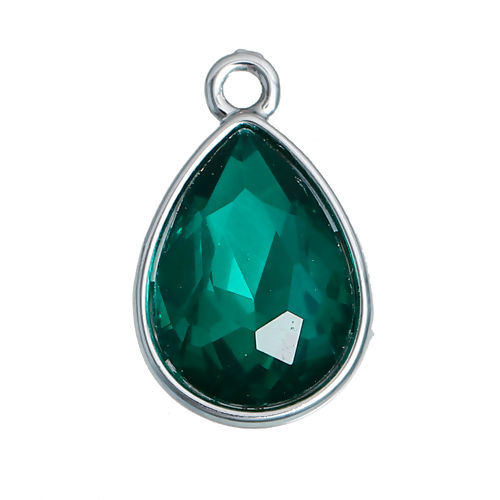 Picture of May Birthstone Charms Drop Silver Tone Dark Green Glass Rhinestone Faceted 19mm( 6/8") x 12mm( 4/8"), 10 PCs