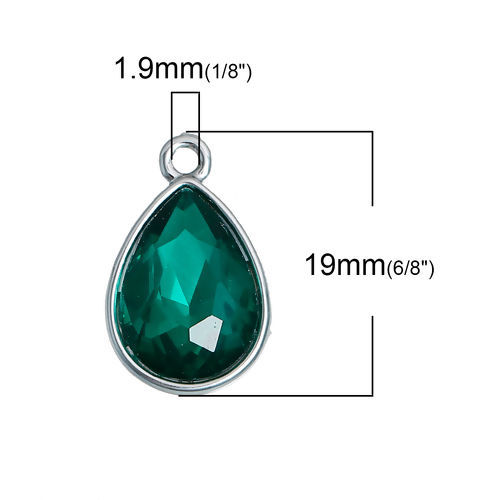 Picture of May Birthstone Charms Drop Silver Tone Dark Green Glass Rhinestone Faceted 19mm( 6/8") x 12mm( 4/8"), 10 PCs