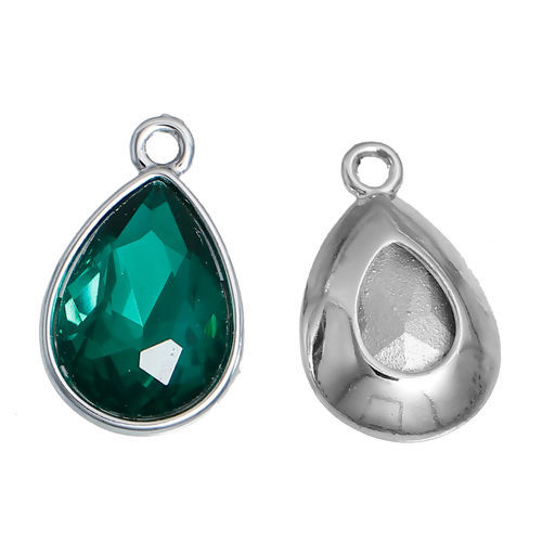 Picture of May Birthstone Charms Drop Silver Tone Dark Green Glass Rhinestone Faceted 19mm( 6/8") x 12mm( 4/8"), 10 PCs