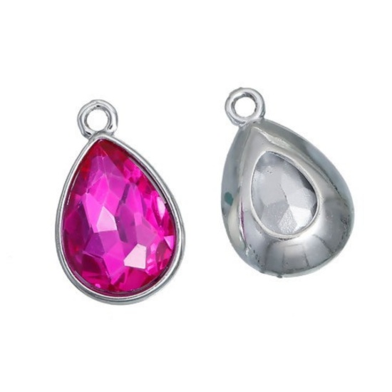 Picture of Oct Birthstone Charms Drop Silver Tone Fuchsia Glass Rhinestone Faceted 19mm( 6/8") x 12mm( 4/8"), 10 PCs