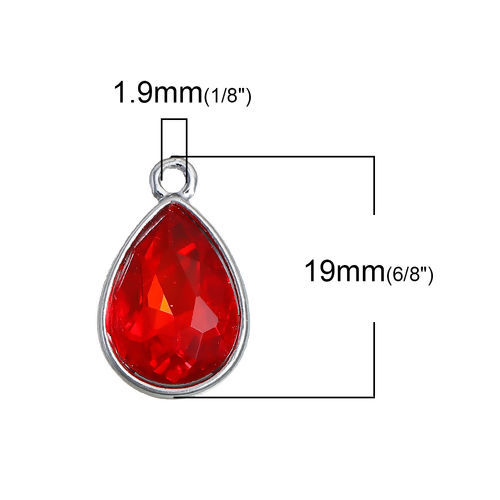 Picture of July Birthstone Charms Drop Silver Tone Red Glass Rhinestone Faceted 19mm( 6/8") x 12mm( 4/8"), 10 PCs