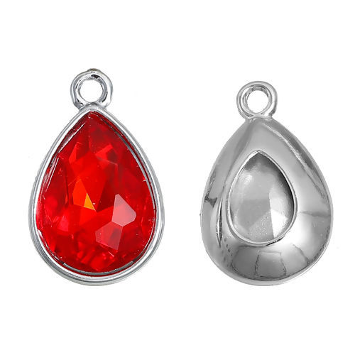 Picture of July Birthstone Charms Drop Silver Tone Red Glass Rhinestone Faceted 19mm( 6/8") x 12mm( 4/8"), 10 PCs
