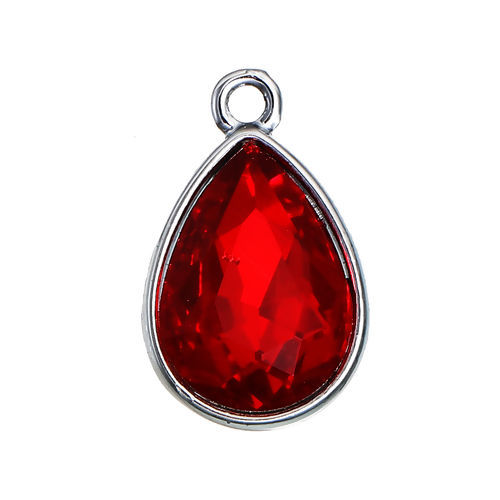 Picture of Jan Birthstone Charms Drop Silver Tone Dark Red Glass Rhinestone Faceted 19mm( 6/8") x 12mm( 4/8"), 10 PCs