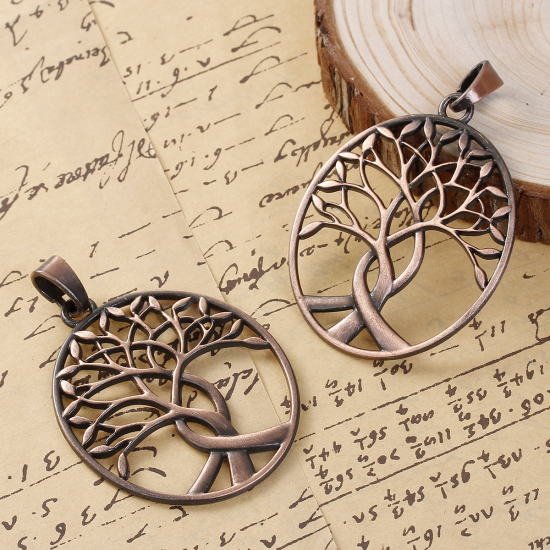 Picture of Zinc Based Alloy Boho Chic Pendants Oval Antique Copper Tree Hollow 80mm(3 1/8") x 53mm(2 1/8"), 1 Piece