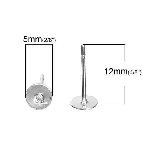 Picture of Brass Ear Post Stud Earrings Cabochon Settings Round Silver Plated (Fit 5mm Dia.) 12mm( 4/8") x 5mm( 2/8"), Post/ Wire Size: (21 gauge), 100 PCs