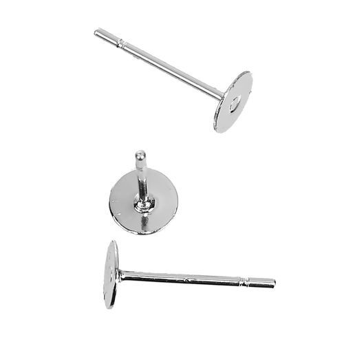 Picture of Brass Ear Post Stud Earrings Cabochon Settings Round Silver Plated (Fit 5mm Dia.) 12mm( 4/8") x 5mm( 2/8"), Post/ Wire Size: (21 gauge), 100 PCs