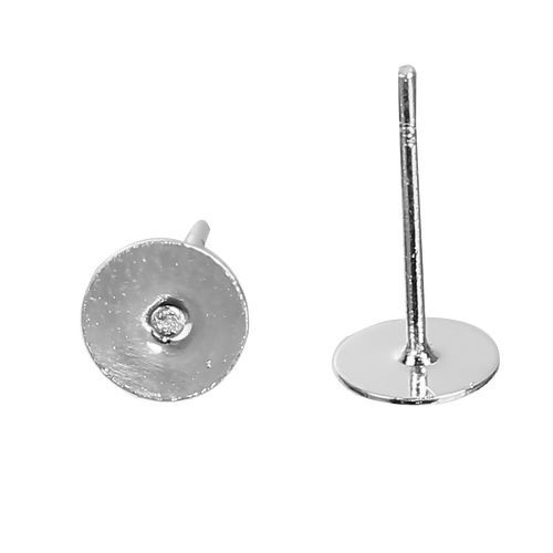 Picture of Brass Ear Post Stud Earrings Cabochon Settings Round Silver Plated (Fit 5mm Dia.) 12mm( 4/8") x 5mm( 2/8"), Post/ Wire Size: (21 gauge), 100 PCs                                                                                                              