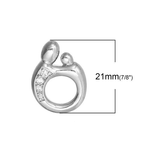 Picture of Brass Charms Mother And Child Silver Tone Drop Clear Rhinestone Hollow 21mm( 7/8") x 15mm( 5/8"), 1 Piece                                                                                                                                                     