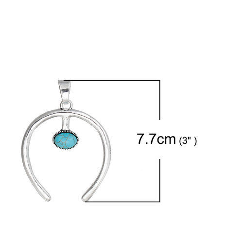 Picture of Zinc Based Alloy Boho Chic Pendants Luck Horseshoe Antique Silver Color Blue Imitation Turquoise 77mm(3") x 55mm(2 1/8"), 1 Piece