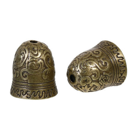 Immagine di Lega di Zinco Coppette Copriperla Cilindrico Bell Bronzo Antico Fiore Disegno (Addetti 16mm Perline) 23mm x 20mm, 2 Pz