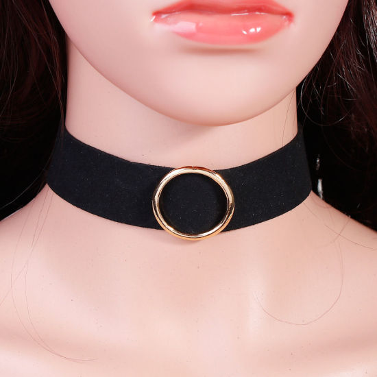 Bild von 1 Strang Velvet Punk Choker Halskette Vergoldet Schwarz Rund Veloursleder 33cm lang