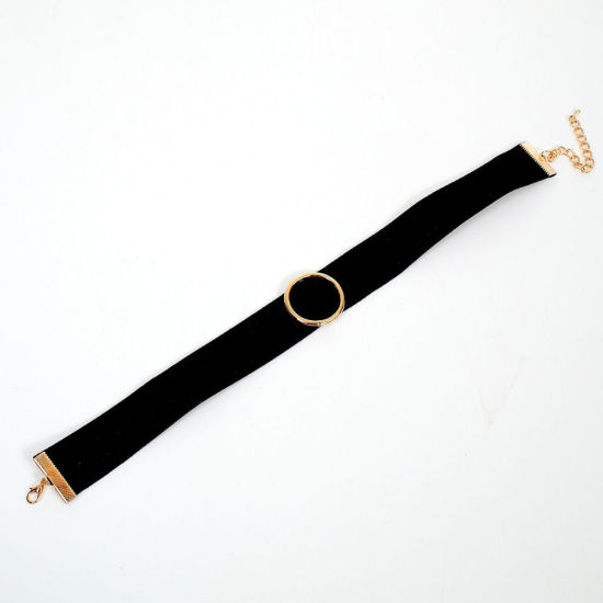 Picture of 1 Piece Velvet Punk Choker Necklace Gold Plated Black Round Faux Suede 33cm(13") long