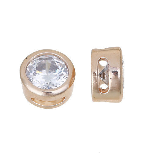 Immagine di Ottone & Zircone Cubico Perline per la Creazione di Gioielli con Ciondoli Fai-da-te Colore Oro 14K Trasparente Tondo 6mm Dia., Foro:Circa 3.9mm x 1.1mm, 2 Pz