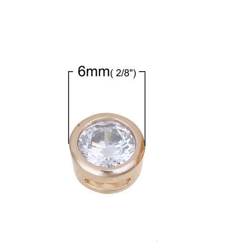 Immagine di Ottone & Zircone Cubico Perline per la Creazione di Gioielli con Ciondoli Fai-da-te Colore Oro 14K Trasparente Tondo 6mm Dia., Foro:Circa 3.9mm x 1.1mm, 2 Pz