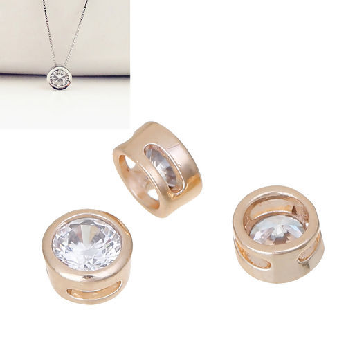 Immagine di Ottone & Zircone Cubico Perline per la Creazione di Gioielli con Ciondoli Fai-da-te Colore Oro 14K Trasparente Tondo 6mm Dia., Foro:Circa 3.9mm x 1.1mm, 2 Pz