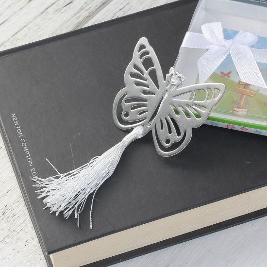 Picture of Bookmark Butterfly Silver Tone White Tassel Hollow 69mm(2 6/8") x 55mm(2 1/8"), 1 Piece