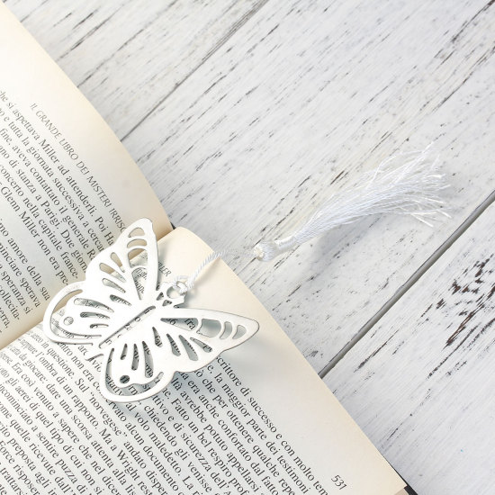 Image de Marque-Pages Papillon Blanc Creux Argent Mat Franges Pompons Glands 69mm x 55mm, 1 Pièce