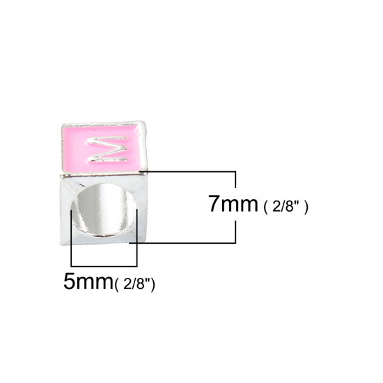 Picture of Zinc Based Alloy European Style Large Hole Charm Beads Cube Silver Plated Initial Alphabet/ Letter " M " Pink Enamel About 7mm x 7mm, Hole: Approx 5mm, 5 PCs