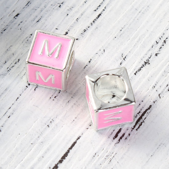 Picture of Zinc Based Alloy European Style Large Hole Charm Beads Cube Silver Plated Initial Alphabet/ Letter " M " Pink Enamel About 7mm x 7mm, Hole: Approx 5mm, 5 PCs
