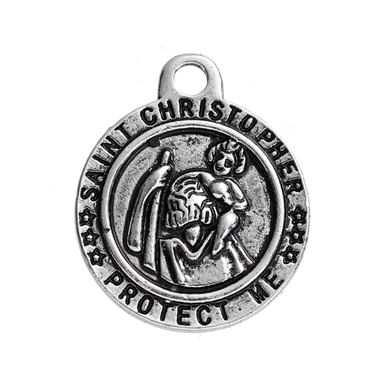 Image de Breloque en Alliage de Zinc Rond Saint Christophe Argent Vieilli Gravé Mots " PROTECT ME " 29mm x 24mm, 5 Pcs