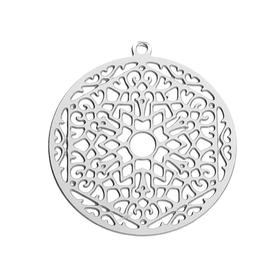 Picture of 304 Stainless Steel Buddhism Mandala Charms Round Silver Tone Filigree 22mm( 7/8") x 20mm( 6/8"), 10 PCs