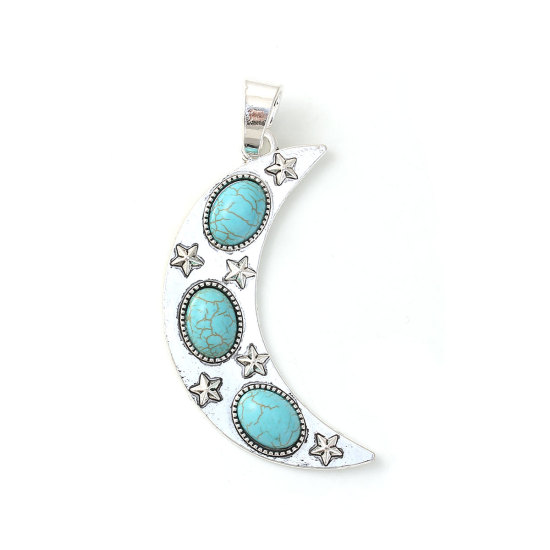Imagen de Zamak Bohemia Colgantes Luna Media Plata Antigua Azul Estrellas de cinco puntos Imitación de turquesa 79mm x 31mm, 1 Unidad