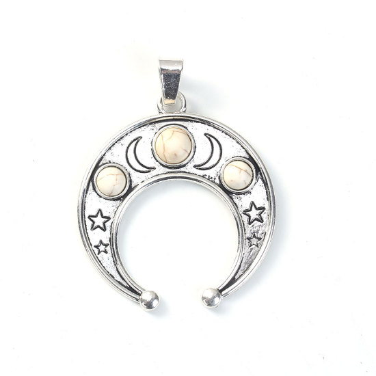 Image de Pendentif au Style Bohème en Alliage de Zinc Croissant de Lune Etoile Argent Vieilli Turquoise Imitation Blanc 76mm x 57mm, 1 Pièce