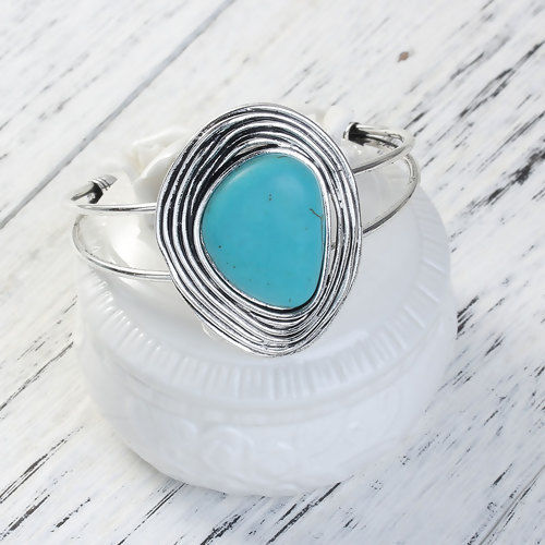 Picture of Boho Chic Open Cuff Bangles Bracelets Antique Silver Color Blue Oval Imitation Turquoise 16.5cm(6 4/8") long, 1 Piece