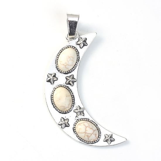 Picture of Zinc Based Alloy Boho Chic Pendants Half Moon Antique Silver Color Star White Imitation Turquoise 80mm(3 1/8") x 35mm(1 3/8"), 1 Piece