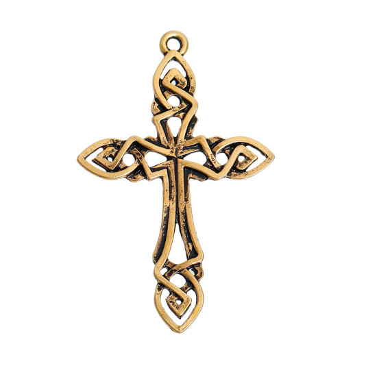 Picture of Zinc Based Alloy Pendants Cross Gold Tone Antique Gold Celtic Knot 58mm(2 2/8") x 36mm(1 3/8"), 5 PCs