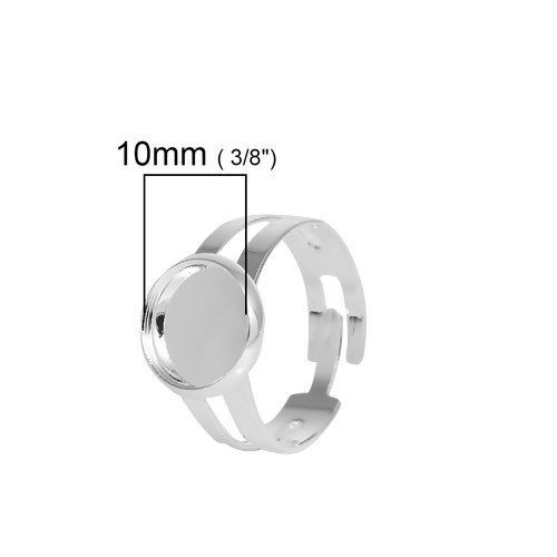 Picture of Brass Adjustable Cabochon Settings Rings Round Silver Plated (Fits 10mm Dia.) 17.5mm( 6/8")(US size 7), 5 PCs                                                                                                                                                 