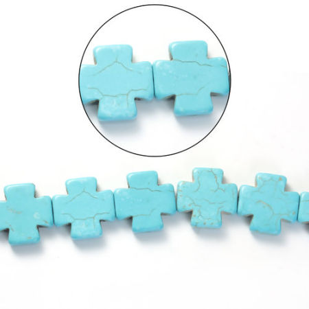 (Grade D) Howlite Imitated Turquoise Gemstone Loose Beads Cross Peacock Green About 20mm( 6/8") x 20mm( 6/8"), Hole: Approx 1.5mm, 41cm(16 1/8") long, 1 Piece (Approx 20 PCs/Strand)