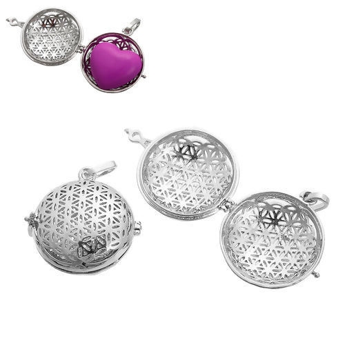 Picture of Copper Aromatherapy Essential Oil Diffuser Locket Pendants Round Silver Tone Carved Pattern (Fit 27mm Dia.) 40mm x 33mm, 1 Piece