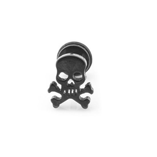 Picture of Stainless Steel Ear Post Stud Earrings Black Skeleton Skull 10mm x 8mm, Post/ Wire Size: (18 gauge), 1 Piece