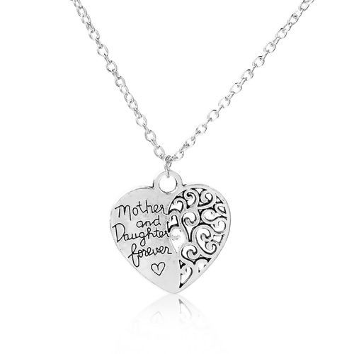Picture of Family Jewelry Necklace Silver Tone Heart Message " Mother and Daughter Forever " Hollow 51.6cm(20 3/8") long, 1 Piece