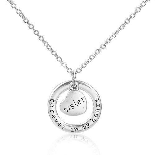 Picture of Family Jewelry Necklace Antique Silver Color Circle Ring Heart Message " Forever In My Heart & Sister " 52cm(20 4/8") long, 1 Piece