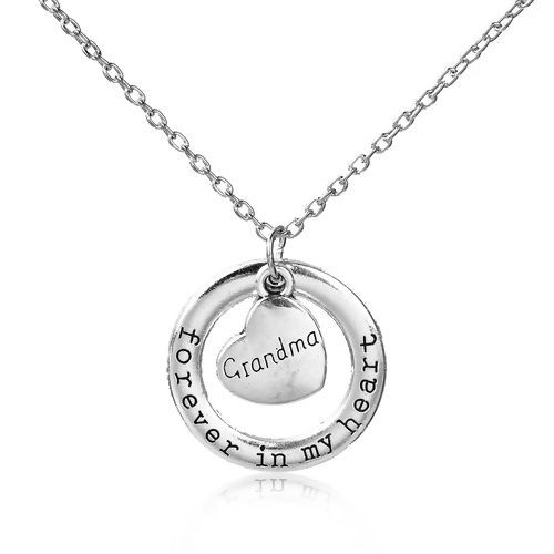 Picture of Family Jewelry Necklace Antique Silver Color Circle Ring Heart Message " Forever In My Heart & Grandma " 54cm(21 2/8") long - 52cm(20 4/8") long, 1 Piece