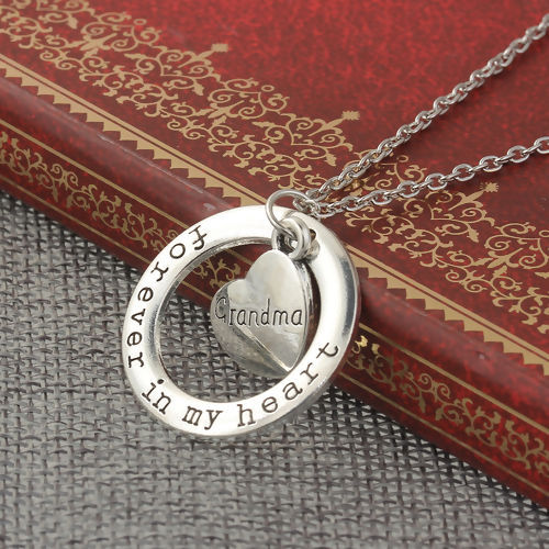 Picture of Family Jewelry Necklace Antique Silver Color Circle Ring Heart Message " Forever In My Heart & Grandma " 54cm(21 2/8") long - 52cm(20 4/8") long, 1 Piece