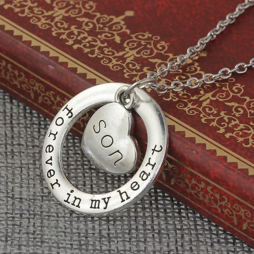 Picture of Family Jewelry Necklace Antique Silver Color Circle Ring Heart Message " Forever In My Heart & Son " 54cm(21 2/8") long - 52cm(20 4/8") long, 1 Piece