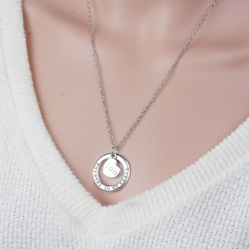 Picture of Family Jewelry Necklace Antique Silver Color Circle Ring Heart Message " Forever In My Heart & Son " 54cm(21 2/8") long - 52cm(20 4/8") long, 1 Piece