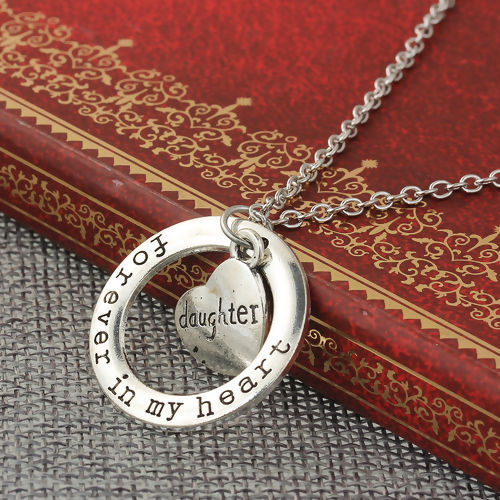 Picture of Family Jewelry Necklace Antique Silver Color Circle Ring Heart Message " Forever In My Heart & Daughter " 54cm(21 2/8") long - 52cm(20 4/8") long, 1 Piece