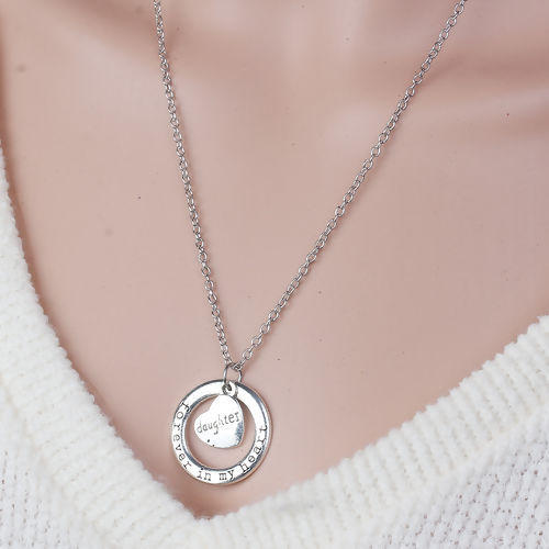 Picture of Family Jewelry Necklace Antique Silver Color Circle Ring Heart Message " Forever In My Heart & Daughter " 54cm(21 2/8") long - 52cm(20 4/8") long, 1 Piece